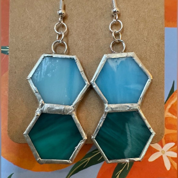 Handcrafted Imperfect Blue Stained Glass Hexagon Earrings - Picture 2 of 2